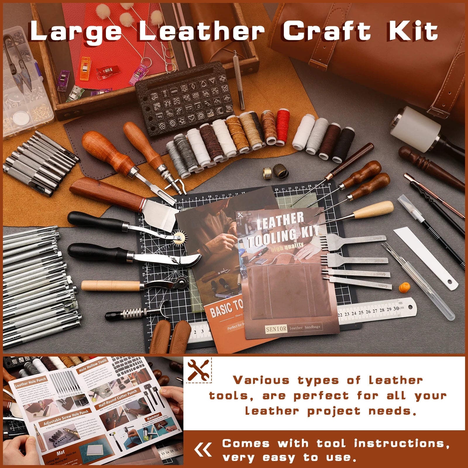 Leather Working Craft Tools Kit with Custom Handbag Cutting Mats Engraving Punching Sewing Stamping Sanding Tools for Handicraft