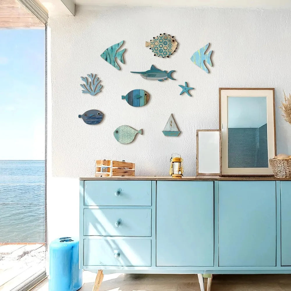 Wall Decor Handcrafted Wooden Ocean - Fish, Coral, Starfish & Sailboat Set for Home/Bathroom, Coastal Style Art Wall Decor