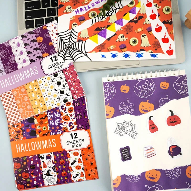 12 Sheets Halloween Themed Craft Paper DIY Gift Wrapping Paper Handmade Scrapbook Material Paper Halloween Party Decor Supplies