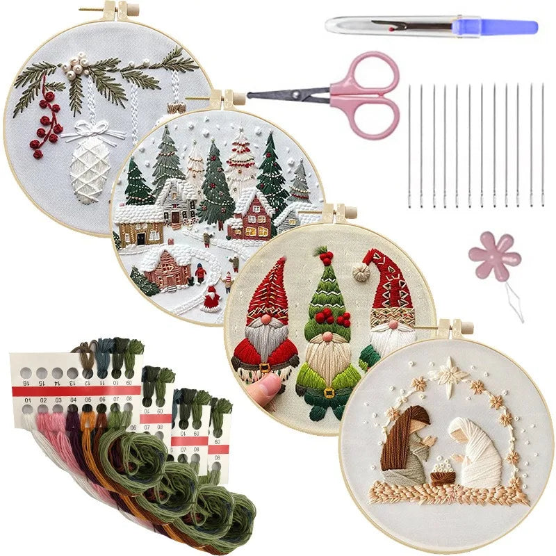 DIY Christmas Embroidery Kit Hand Embroidery Starter Stitch Kits Sewing Craft Stamped Embroidery Gifts for Adults Kid Beginner