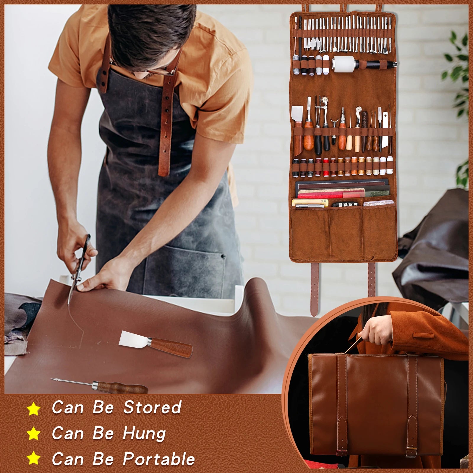 Leather Working Craft Tools Kit with Custom Handbag Cutting Mats Engraving Punching Sewing Stamping Sanding Tools for Handicraft