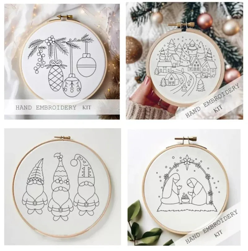 DIY Christmas Embroidery Kit Hand Embroidery Starter Stitch Kits Sewing Craft Stamped Embroidery Gifts for Adults Kid Beginner