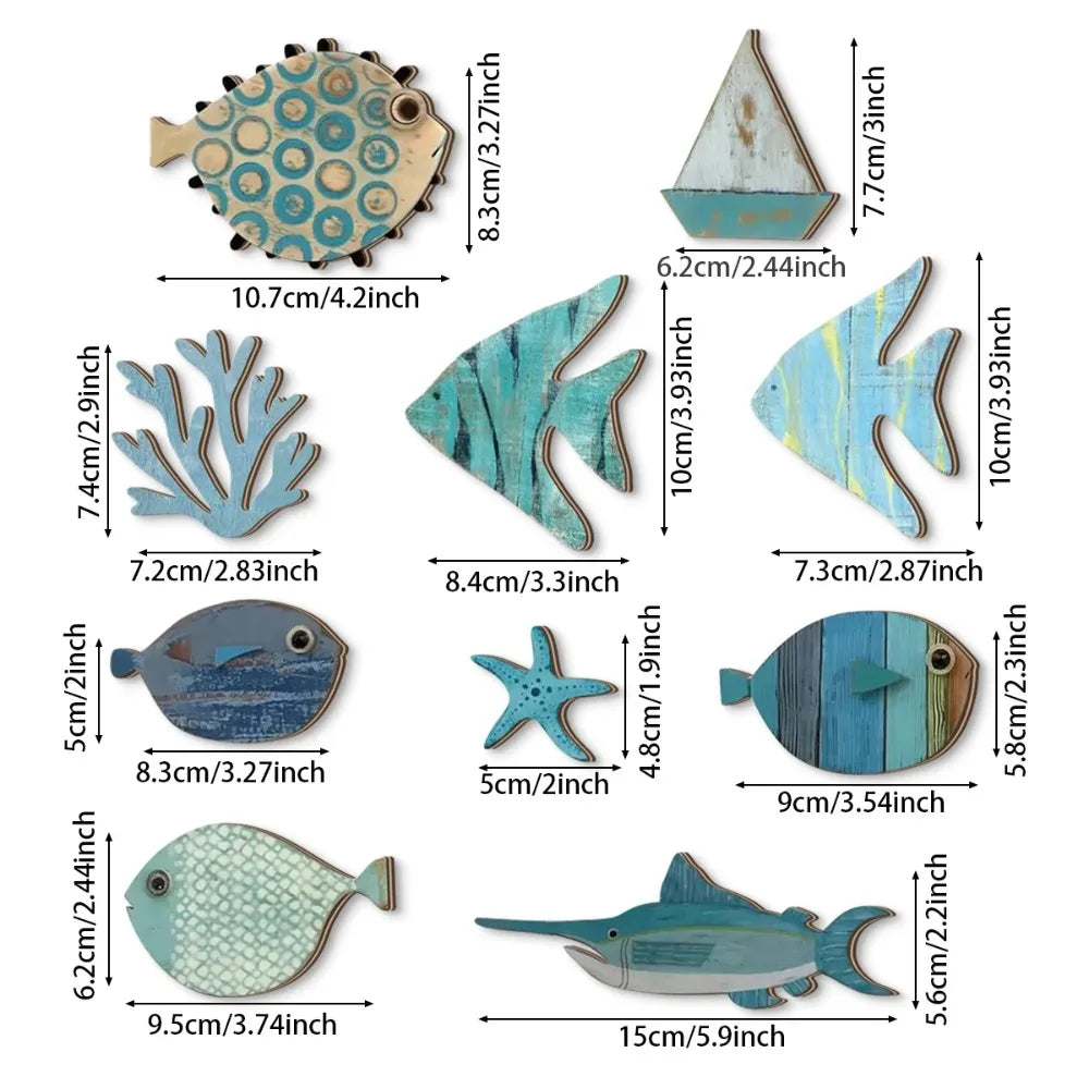 Wall Decor Handcrafted Wooden Ocean - Fish, Coral, Starfish & Sailboat Set for Home/Bathroom, Coastal Style Art Wall Decor
