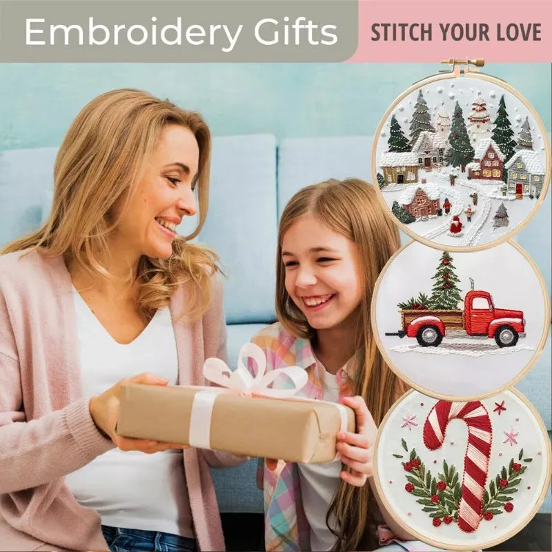 DIY Christmas Embroidery Kit Hand Embroidery Starter Stitch Kits Sewing Craft Stamped Embroidery Gifts for Adults Kid Beginner