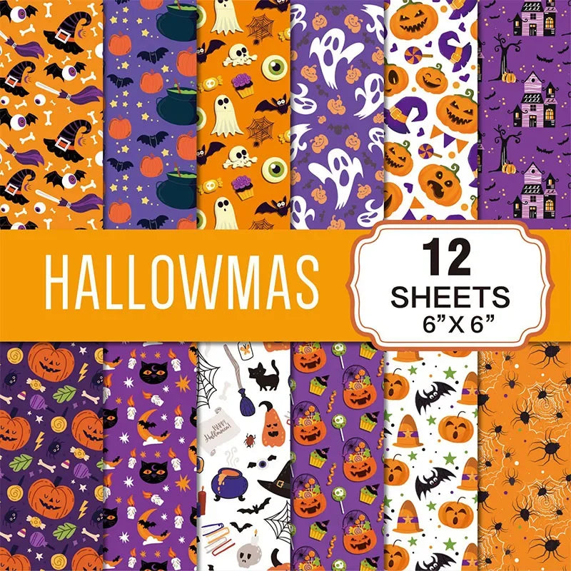 12 Sheets Halloween Themed Craft Paper DIY Gift Wrapping Paper Handmade Scrapbook Material Paper Halloween Party Decor Supplies