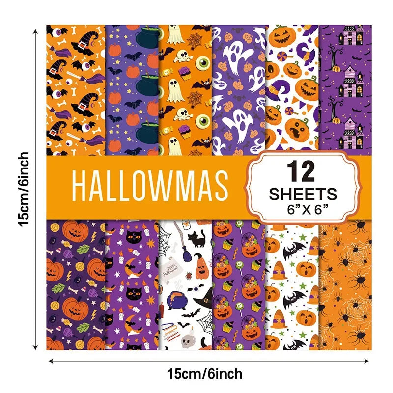 12 Sheets Halloween Themed Craft Paper DIY Gift Wrapping Paper Handmade Scrapbook Material Paper Halloween Party Decor Supplies