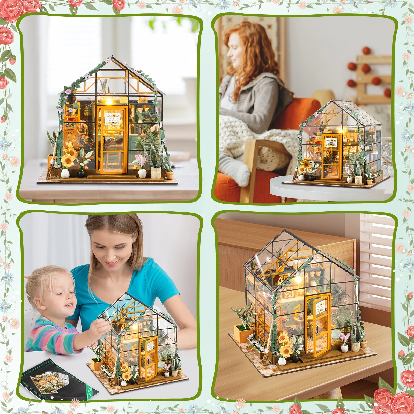 DIY Miniature Garden House Kit with Furniture and LED Light DIY Dollhouse Craft Set Gifts Wooden Greenhouse Model Building Kits