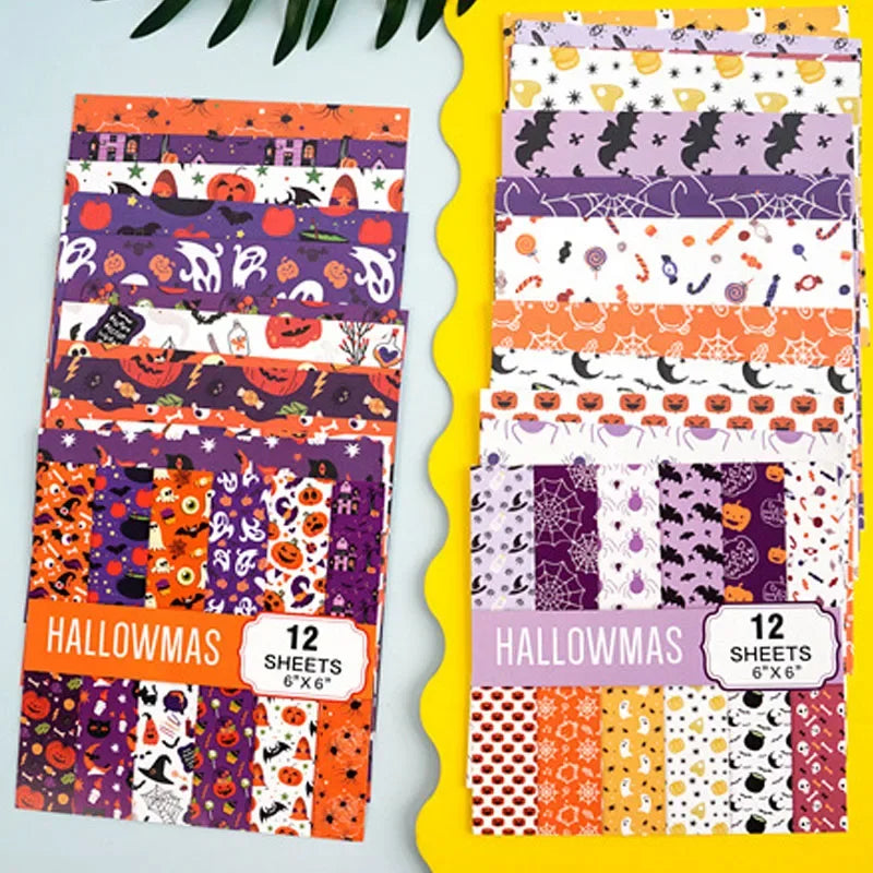 12 Sheets Halloween Themed Craft Paper DIY Gift Wrapping Paper Handmade Scrapbook Material Paper Halloween Party Decor Supplies