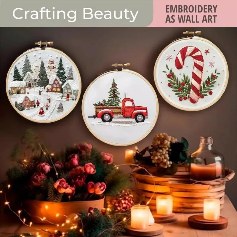 DIY Christmas Embroidery Kit Hand Embroidery Starter Stitch Kits Sewing Craft Stamped Embroidery Gifts for Adults Kid Beginner