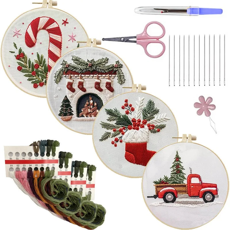 DIY Christmas Embroidery Kit Hand Embroidery Starter Stitch Kits Sewing Craft Stamped Embroidery Gifts for Adults Kid Beginner