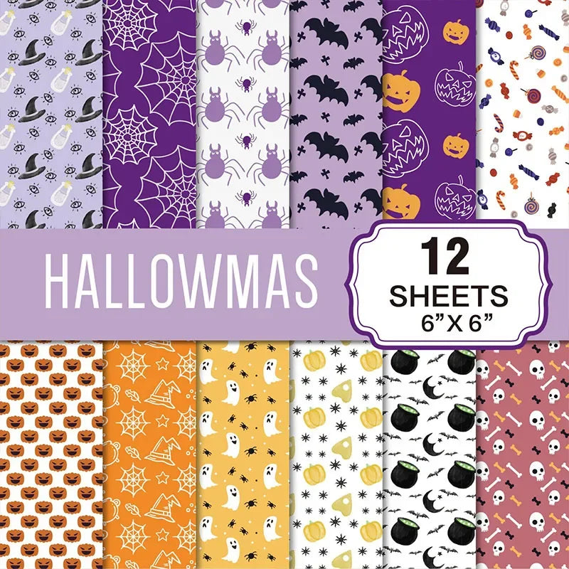 12 Sheets Halloween Themed Craft Paper DIY Gift Wrapping Paper Handmade Scrapbook Material Paper Halloween Party Decor Supplies