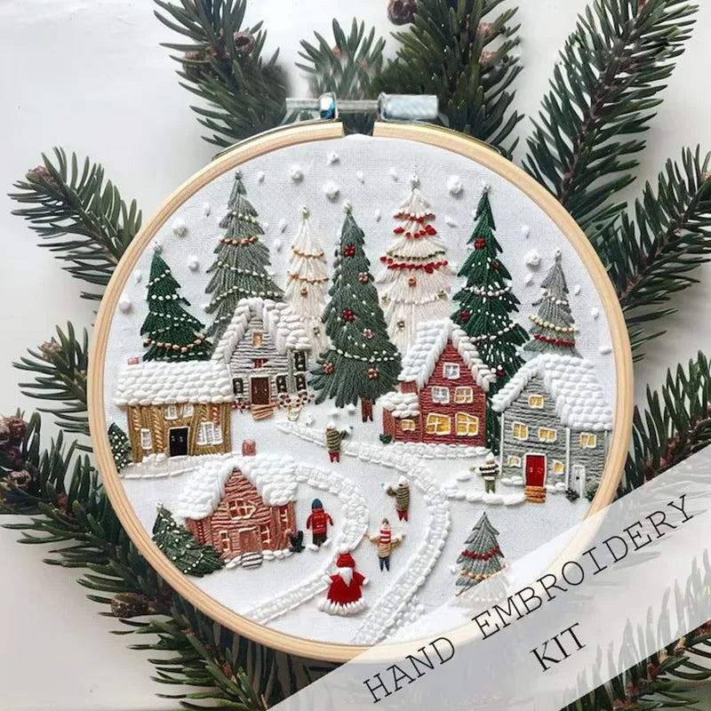 DIY Christmas Embroidery Kit Hand Embroidery Starter Stitch Kits Sewing Craft Stamped Embroidery Gifts for Adults Kid Beginner