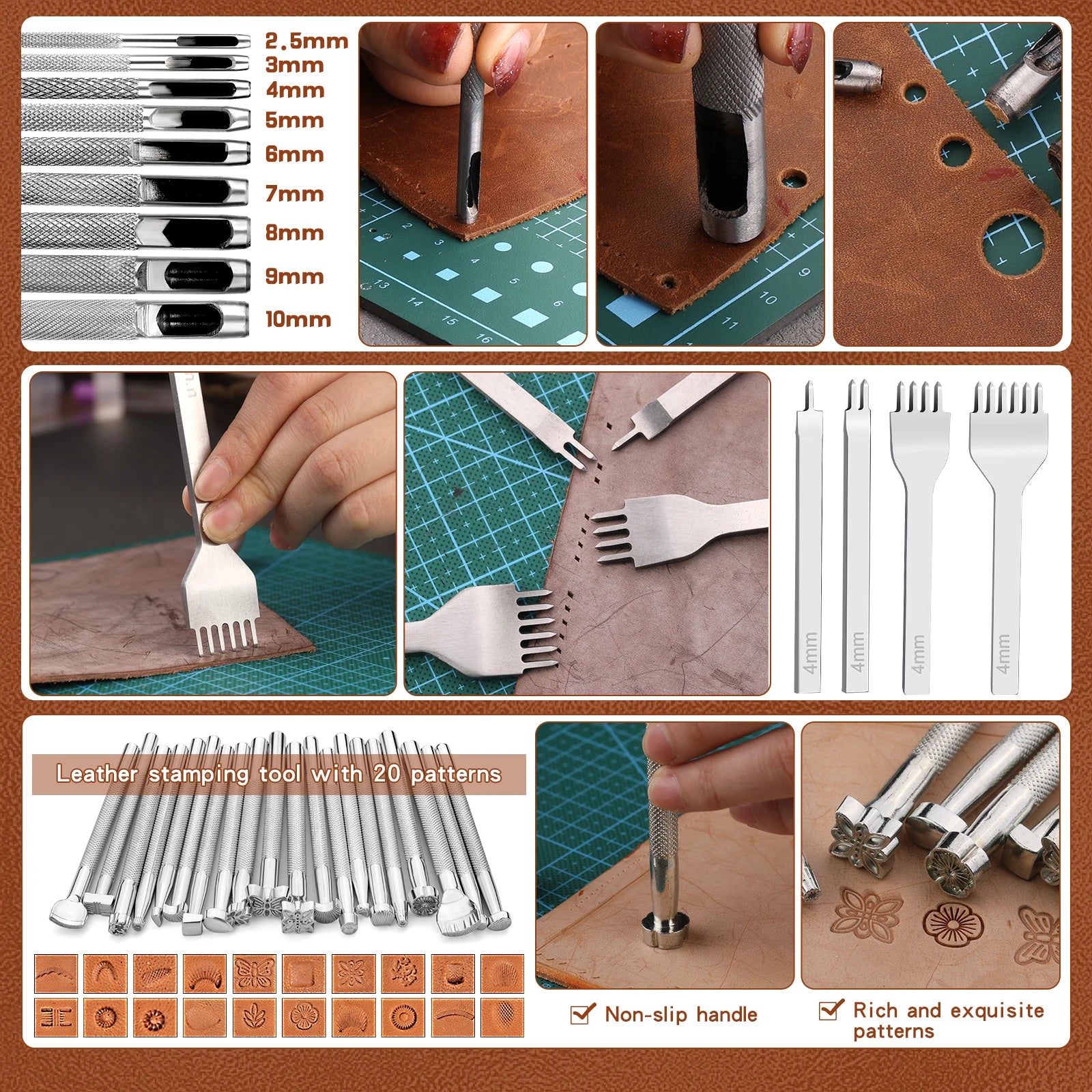 Leather Working Craft Tools Kit with Custom Handbag Cutting Mats Engraving Punching Sewing Stamping Sanding Tools for Handicraft