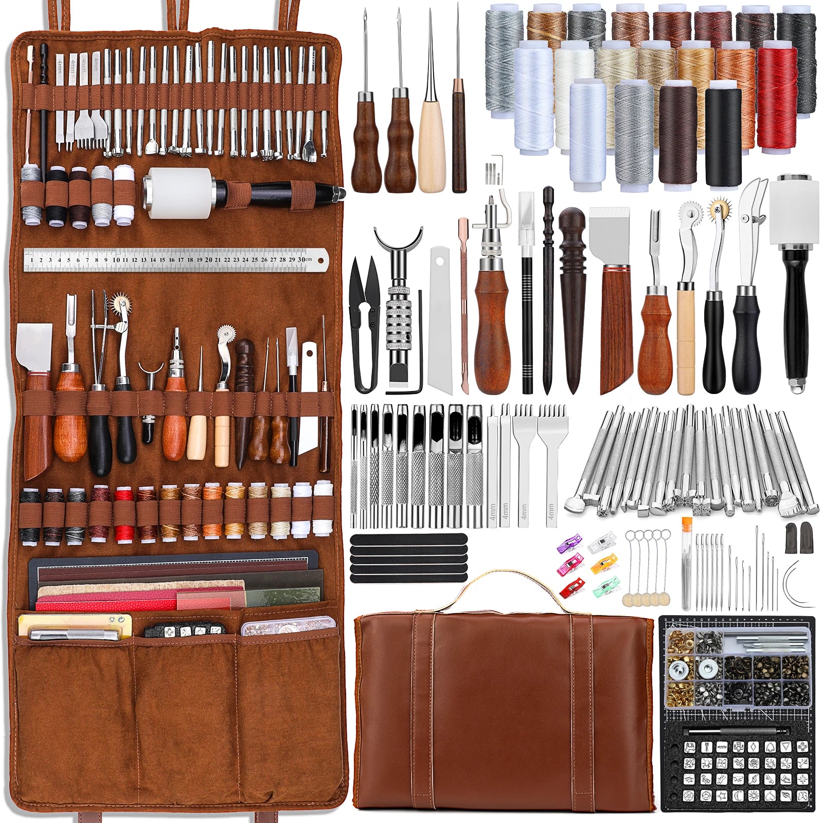 Leather Working Craft Tools Kit with Custom Handbag Cutting Mats Engraving Punching Sewing Stamping Sanding Tools for Handicraft