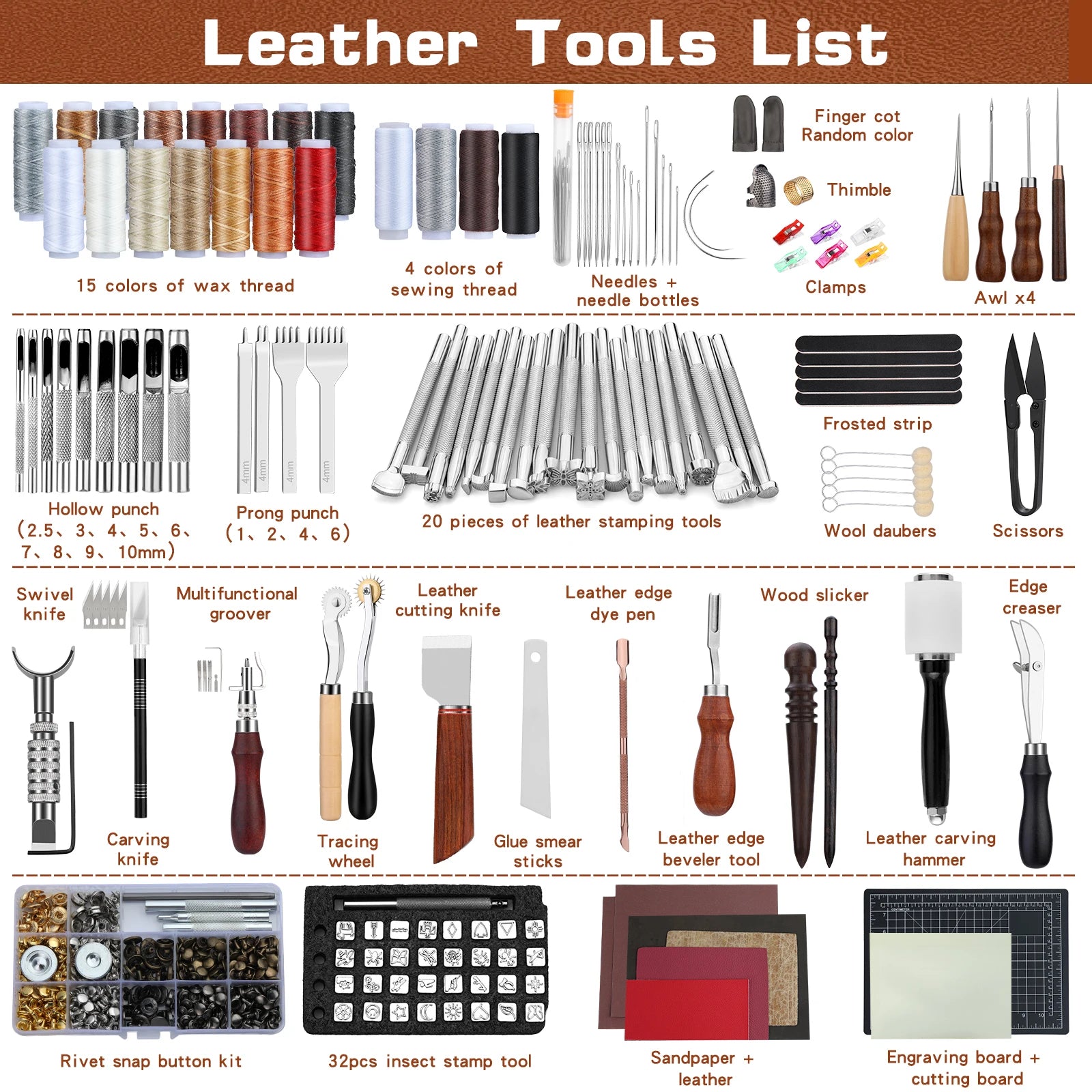 Leather Working Craft Tools Kit with Custom Handbag Cutting Mats Engraving Punching Sewing Stamping Sanding Tools for Handicraft